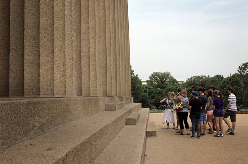 Humanities students learn about the mathematics that went into building Nashville's Parthenon from their tour guide during a field trip Thursday, June 24. (Photo by Emilie Milcarek)