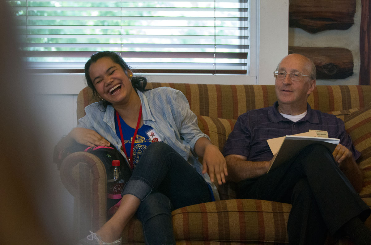 Rose Mar (left) of Bowling Green laughs while Jim Fulkerson leads his Musical Troupe class in activities to get to know each other on the first day of SCATS classes June 8 in the Faculty House. Jim has been teaching SCATS classes for 27 years.