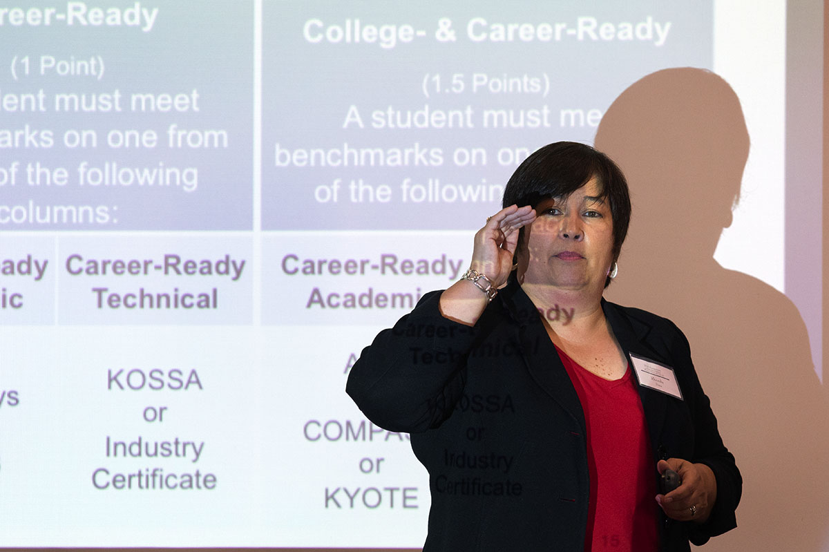 Rhonda Sims, the associate commissioner of the Kentucky Department of Education's Office of Assessment and Accountability, speaks during the Symposium October 13.