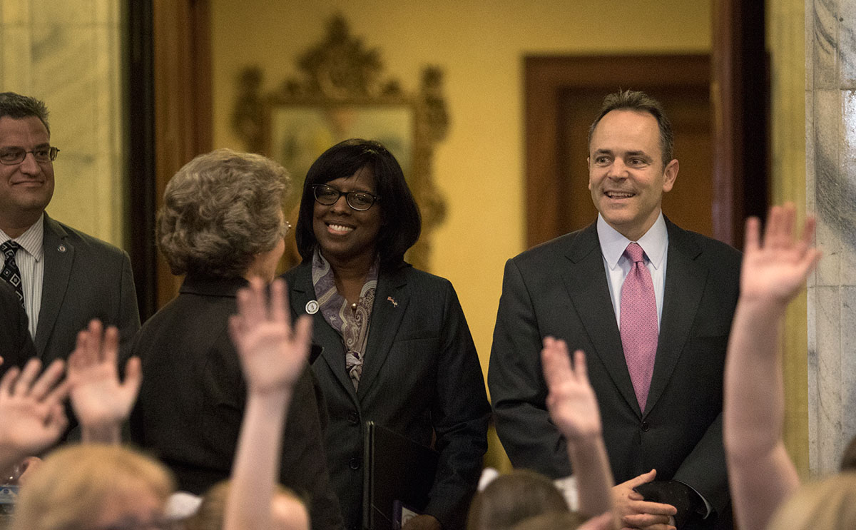 Lieutenant Governor Jenean Hampton and Governor Matt Bevin wait to speak while school groups are introduced during a ceremony celebrating Gifted Education Month in Kentucky February 3 at the State Capitol in Frankfort.
