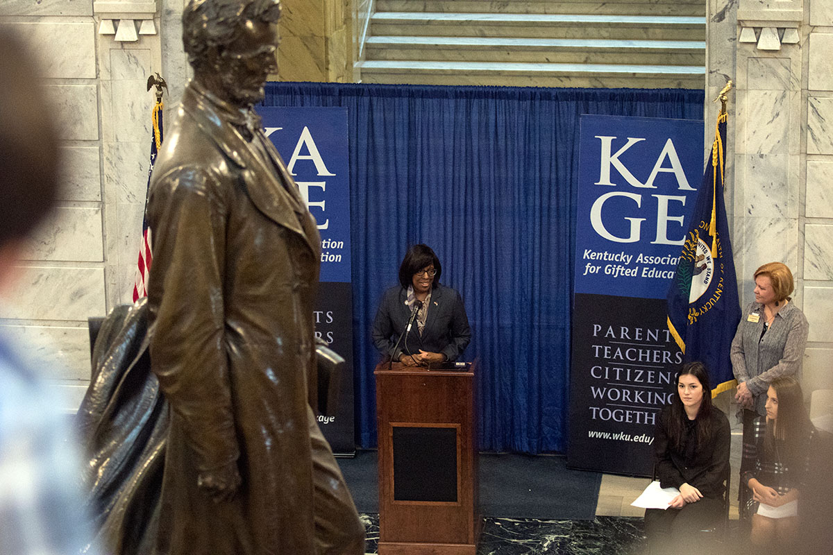 Lieutenant Governor Jenean Hampton speaks to gifted students, educators, and gifted education advocates during a ceremony celebrating Gifted Education Month in Kentucky February 3 at the State Capitol in Frankfort.