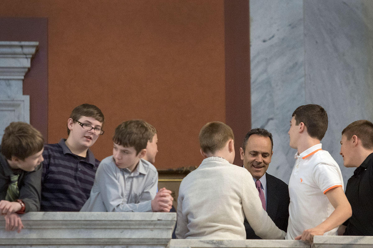 Governor Matt Bevin greets students from Bullitt County during a ceremony celebrating Gifted Education Month in Kentucky February 3 at the State Capitol in Frankfort. Around 120 students from Bullitt County attended the ceremony.