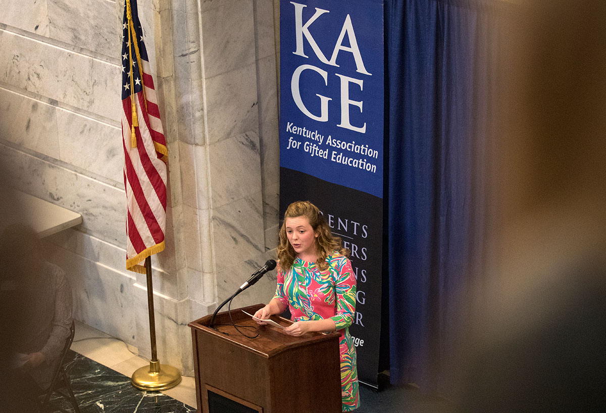 Katherine Goble, the 2010 KAGE Distinguished Student, speaks during a ceremony celebrating Gifted Education Month in Kentucky February 3 at the State Capitol in Frankfort.
