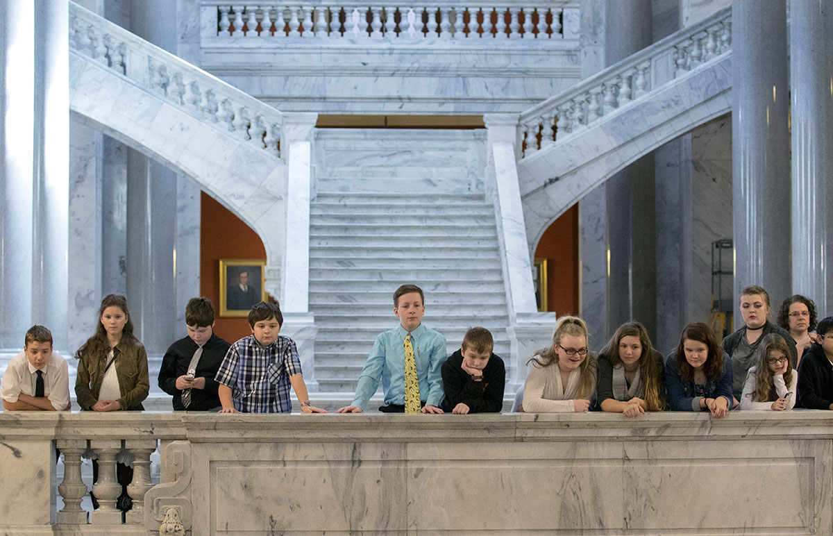 Student from Bullitt County listen to Katherine Goble, the 2010 KAGE Distinguished Student, speak during a ceremony celebrating Gifted Education Month in Kentucky February 3 at the State Capitol in Frankfort.