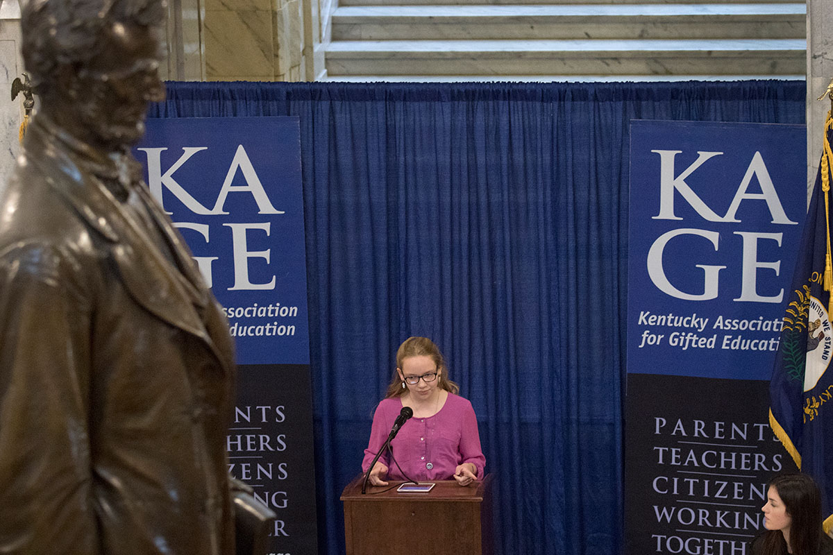 Rachel Ritchie, the 2015 KAGE Distinguished Student, speaks during a ceremony celebrating Gifted Education Month in Kentucky February 3 at the State Capitol in Frankfort.