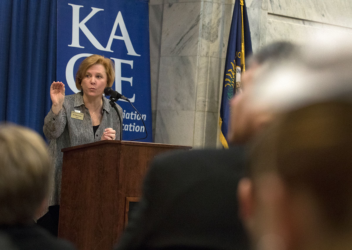 KAGE President Tracy Inman speaks to gifted students, educators, parents, and gifted education advocates during a ceremony celebrating Gifted Education Month in Kentucky February 3 at the State Capitol in Frankfort.