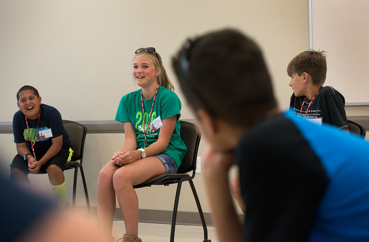 Acting student Anna Maddux from Pembroke explains her most embarrassing moment as part of an ice-breaker activity Monday, June 13. (Photo by Tucker Allen Covey)