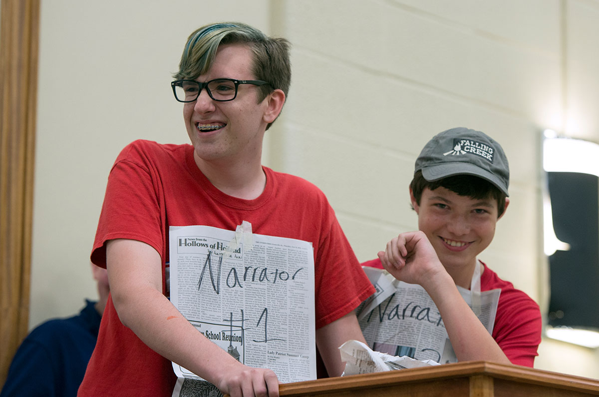 Andy Raymond (left) from Louisville and Coleman Reed from Berea narrate their group's performance during Paper Theatre Saturday, July 2. (Photo by Tucker Allen Covey)