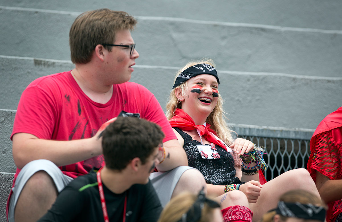 Gracie Hobbs from Owensboro jokes with her teamamtes on Team Albania shortly before the opening ceremony of the VAMPY Olympics Saturday, July 2. (Photo by Tucker Allen Covey)