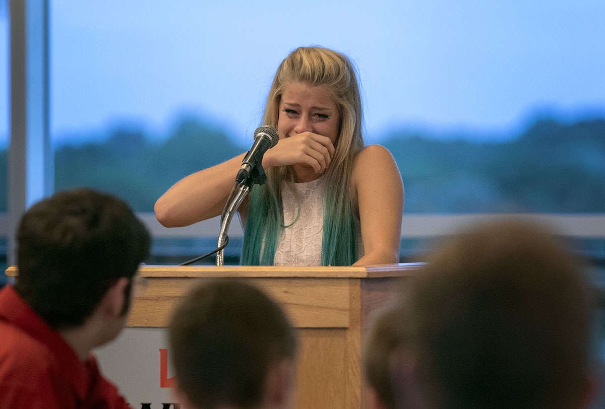Olivia Bickett of Owensboro delivers a speech during the banquet Friday, July 15. Students in their final year of eligibility to attend VAMPY are invited to speak during the banquet. (Photo by Sam Oldenburg)