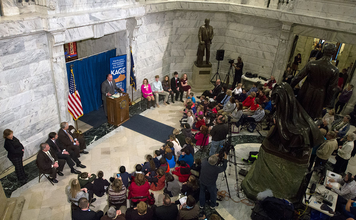 Speaker of the House Jeff Hoover addresses the students, educators, and advocates gathered in the rotunda. (Photo by Sam Oldenburg)