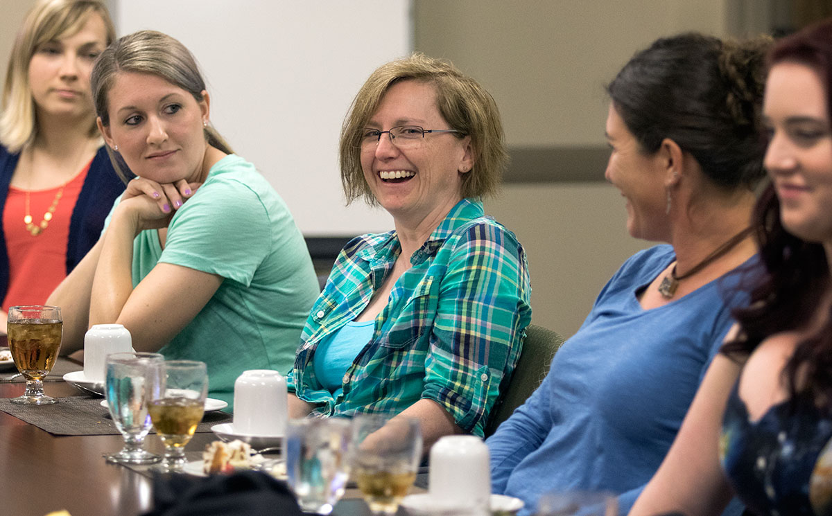 Val Pumala of Cameron, Wi., shares a story during the NSCF Scholars welcome dinner Sunday, June 4. The 10 scholars for the second cohort were chosen from over 150 candidates and came from nine different states. (Photo by Brook Joyner)