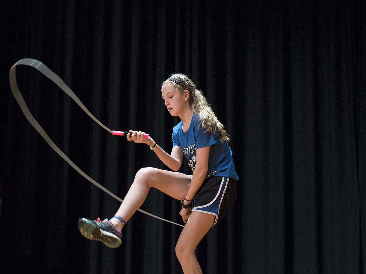 Lauren Goldsmith of Bowling Green performs a jump rope routine as part of the talent show. Lauren and her partner, Mac Bettersworth are both part of the "Jumpin' Jaguars," a local jump rope group. (Photo by Brook Joyner)