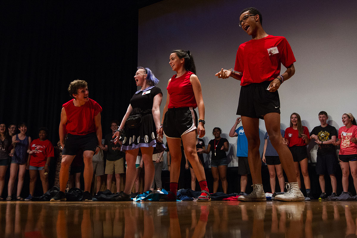 Connor Sheehan (from left), Evvie Cooley, Melina Durham, and Malcolm Jones take the stage with their fellow fourth years to close the VAMPY talent show Thursday, July 13. Each year, it's tradition for all of the fourth years to perform the Boogaloo. (Photo by Brook Joyner)