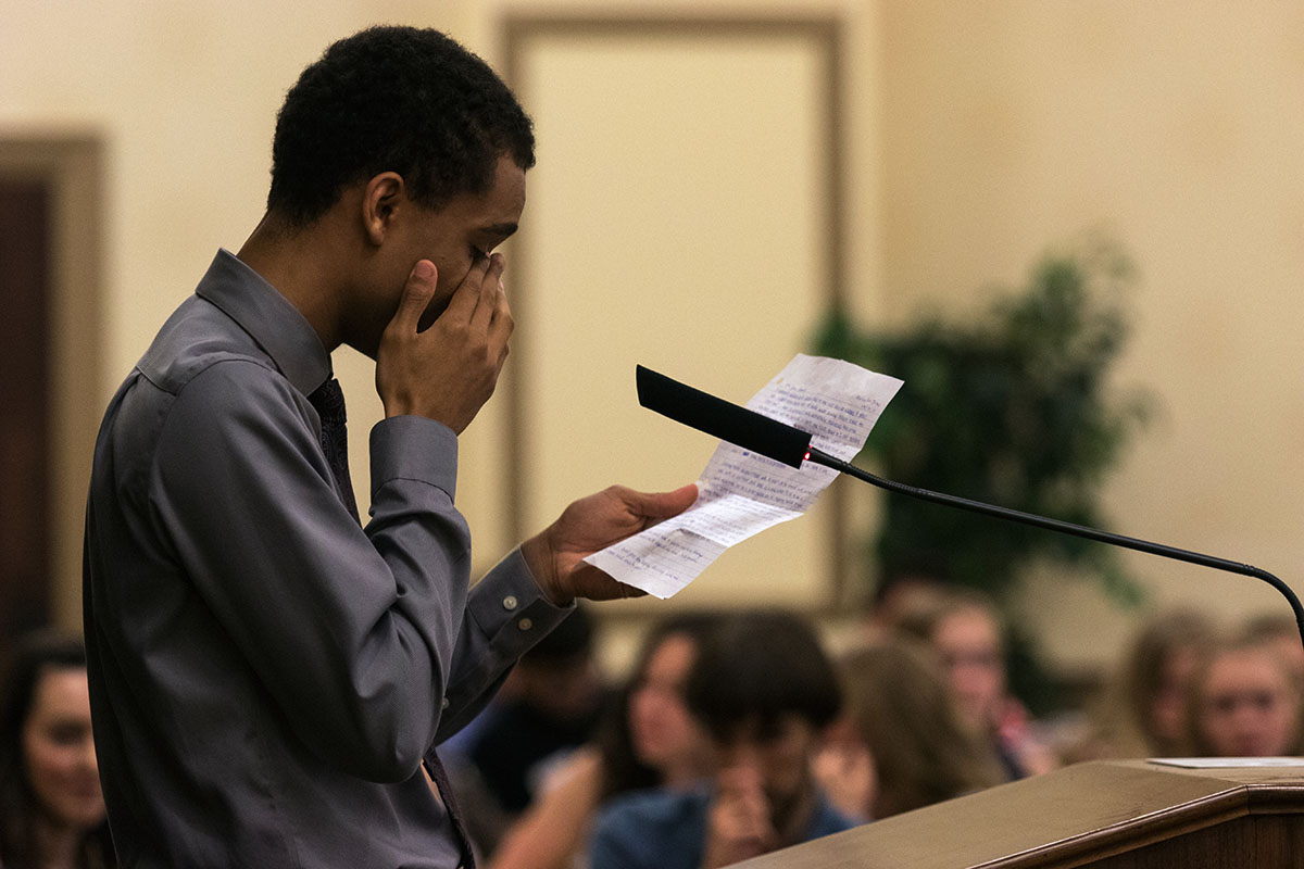 Malcolm Jones of Louisville tears up while giving a speech at the annual VAMPY banquet Friday, July 14. Every fourth year has the opportunity to come up and speak to reflect on their experience at camp. (Photo by Brook Joyner)