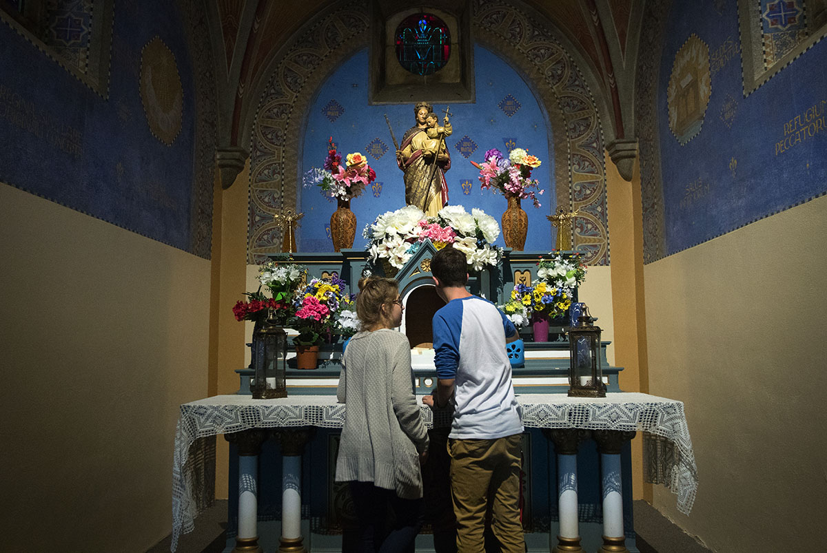 Jentry Bowles (left) of Hardyville and Kaelan Davis of Louisville look at the altar of the Monte Cassino Shrine during a Humanities field trip Monday, July 3. Students also visited the nearby monastery, Saint Meinrad Archabbey in St. Meinrad, Ind. (Photo by Brook Joyner)