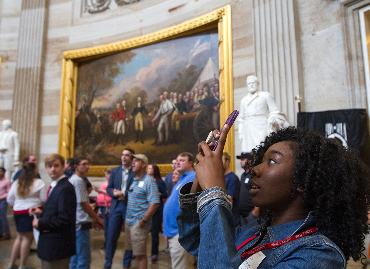 Tasia Cole of Louisville takes a picture of the rotunda in the United States Capitol during a tour with her Presidential Politics classmates on a field trop to Washington D.C. Thursday, July 6. (Photo by Sam Oldenburg)
